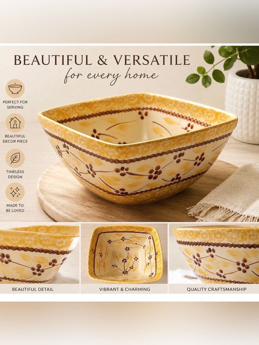 Temptations by Tara Old World Yellow 6" Square 1.0 Quart Mixing Serving Bowl